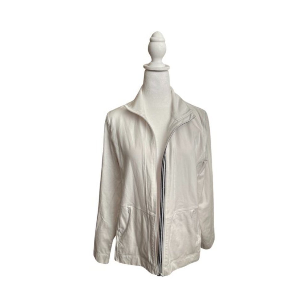 T by Talbots Long Sleeve Full Zipper White/Navy Blue Track Jacket Size L